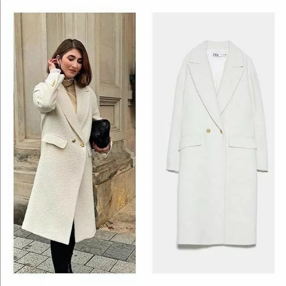 Zara Off-White Bouclé Long Coat with Gold Buttons